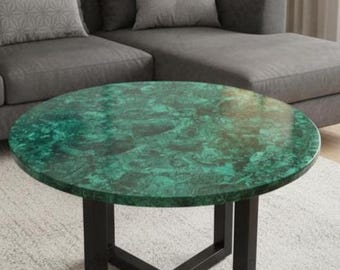 Tavolino da caffè rotondo di lusso in malachite / Tavolo in marmo con intarsi in pietra semipreziosa verde / Decorazioni in pietra dura fatte a mano