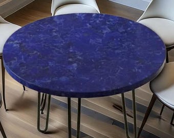 Tavolino da caffè rotondo con pietra preziosa di lapislazzuli / Tavolino laterale in pietra blu frantumata / Tavolino moderno con gambe a forcina / Arredamento di lusso per la casa blu