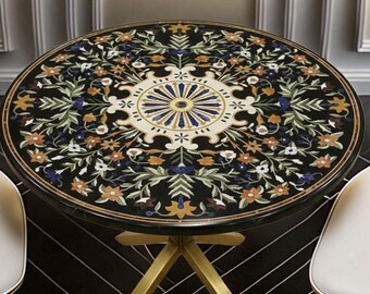 Luxury Black Marble Round Table Top – Semi Precious Stone Inlay, Floral Pietra Dura Art, Handmade Gemstone Table for Home Décor & Dining