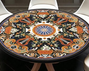 Piano del tavolo da pranzo in marmo nero Pietra Dura – Tavolino da caffè rotondo con intarsi floreali – Arte in pietra a mosaico di lusso – Mobili in stile toscano fatti a mano