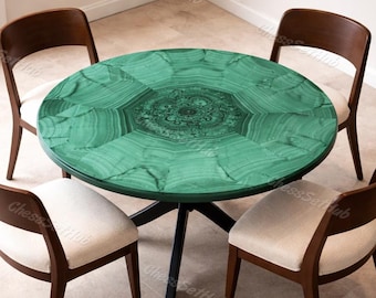 Tavolo da pranzo rotondo in malachite con base a piedistallo nera, tavolo con intarsi in pietre preziose verdi, tavolo da pranzo di lusso in pietra, tavolo da cucina in malachite