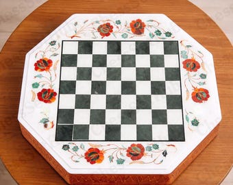 Handmade Marble Chess Table – Octagonal Floral Inlay, Wooden Base
