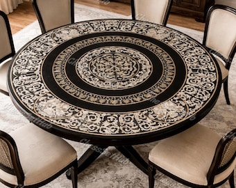 Tavolino da caffè con piano in marmo nero lavorato a mano e intarsi in madreperla, tavolo da pranzo rotondo in pietra dura, tavolo con intarsi floreali in marmo.