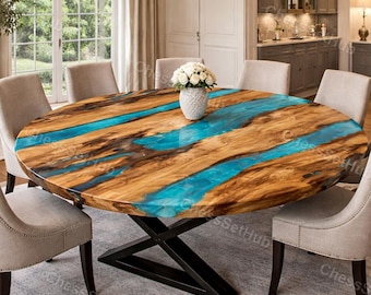 Piano del tavolo da pranzo rotondo in resina epossidica turchese effetto fiume, tavolo in legno d'ulivo con bordo naturale, tavolo da cucina in resina effetto oceano, tavolo da conferenza rotondo moderno