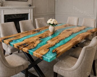 Tavolo da pranzo industriale con bordo naturale, tavolo con effetto fiume in resina epossidica turchese, tavolo da pranzo in legno massello, mobili in resina personalizzati, tavolo moderno, legno lavorato a mano