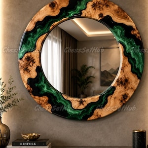 Round Epoxy Resin Wall Mirror, Live Edge Burl Wood Green River Mirror, Luxury Emerald Green Decorative Mirror Frame, Rustic Modern