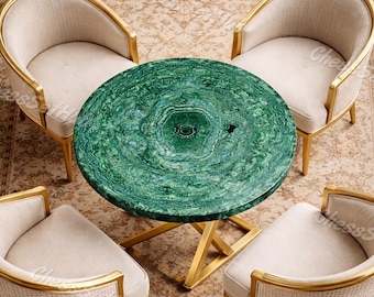 Natural Malachite Stone Dining Table Top – Round Green Gemstone Marble Table – Handmade Pietra Dura Inlay Furniture – Luxury Home Decor