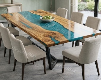 Live Edge Olive Wood River Dining Table with Blue Epoxy Resin – Handmade Luxury Kitchen Table – Custom Wood Resin Furniture