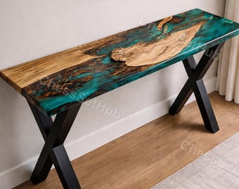 Consolle personalizzata in teak e resina blu, tavolo da ingresso in legno con bordo naturale, tavolino stretto da divano, mobile moderno industriale per corridoio.