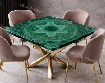 Tablero cuadrado de lujo para mesa de comedor de piedra malaquita – Mesa con auténtica piedra preciosa verde – Muebles con incrustaciones de pietra dura hechas a mano – Mesa de mármol exótico
