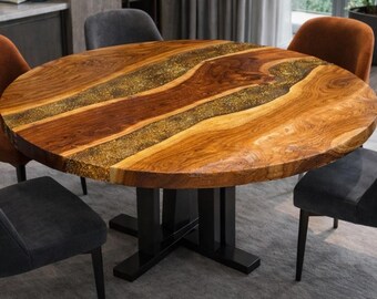 Round Live Edge Wood & Gold Resin Dining Table | Luxury Epoxy River Table Top | Handcrafted Modern Kitchen Table | Custom Coffee Table Decor