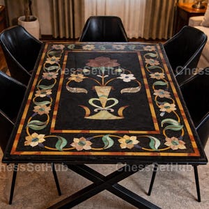 Tablero de mesa con incrustaciones de mármol negro – Piedra semipreciosa Pietra Dura – Tablero de mesa de comedor rectangular – Mesa de mármol floral hecha a mano