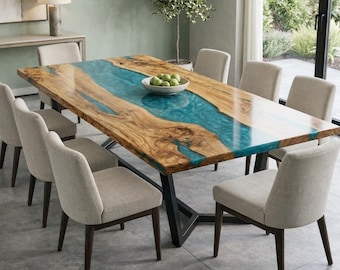 Mesa de comedor River de madera de olivo con borde natural y resina epoxi azul – Mesa de cocina de lujo hecha a mano – Muebles de madera y resina personalizados