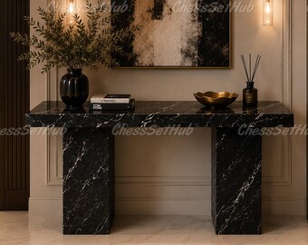 Luxury Black Marble Console Table, Nero Marquina Entryway Table, Modern Stone Sofa Table, Hallway Console Furniture Decor