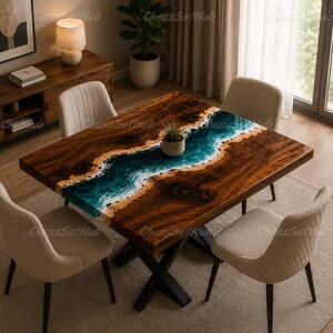Luxury Live Edge Resin Dining Table, Ocean Epoxy River Table, Handmade Walnut Dining Room Table, Custom Wood & Resin Furniture,