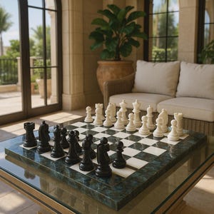 May include: A chess set with black and white pieces arranged on a checkered board. The board is set on a glass-topped table with a green marble-like base. The chess pieces are in the middle of a game.