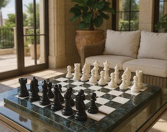 Set di scacchi in marmo di lusso su tavolo in vetro – Scacchiera in onice bianco e nero – Pezzi Staunton intagliati a mano – Elegante set regalo per l'arredamento della casa