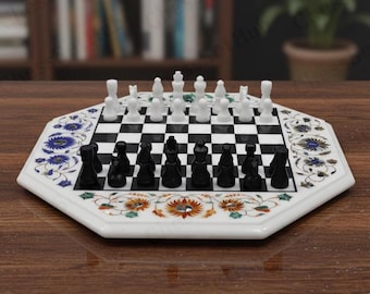 Tavolo da scacchi in marmo fatto a mano, scacchiera ottagonale bianca e nera, intarsi in pietra, arredamento di lusso per la casa, regalo unico per gli amanti degli scacchi