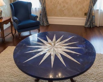 Lapis Lazuli Coffee Table Top with Mother of Pearl Star Inlay - Round Semiprecious Stone Bistro Table - Handmade Pietra Dura Art Furniture
