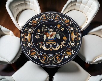 Black Marble Pietra Dura Inlay Table Top | Handmade Floral Mosaic Coffee Dining Table | Semi Precious Stone Round Marble Art | Unique Design