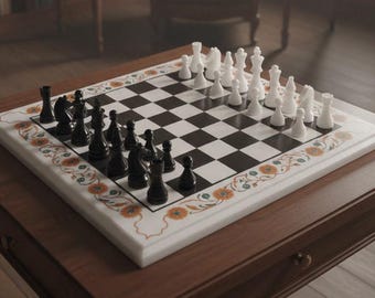 Tablero de ajedrez de mármol de lujo con incrustaciones de piedra blanca y negra / Tablero de ajedrez floral de piedra dura / Juego de ajedrez decorativo hecho a mano