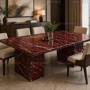 Modern Rosso Levanto Marble Dining Table, Luxury Red Marble Table with Pedestal Base, Polished Stone Table, Statement Dining Furniture