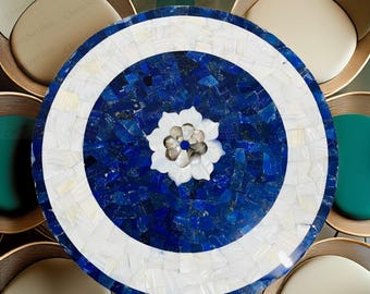 Piano del tavolo con intarsi floreali in lapislazzuli blu e bianco – Piano del tavolo in marmo fatto a mano, tavolino da caffè in pietra naturale, Pietra Dura Art Décor