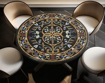 Piano del tavolo da pranzo di lusso in marmo nero con intarsio in Pietra Dura / Tavolo rotondo fatto a mano con pietre preziose floreali / Tavolino da caffè con intarsi in pietra semipreziosa