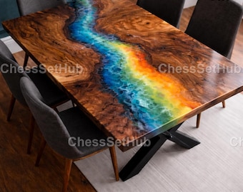 Tavolo personalizzato "Fiume Arcobaleno" - Tavolo da pranzo in noce con bordo naturale e resina epossidica colorata - Mobile di lusso fatto a mano con piano in resina epossidica effetto fiume
