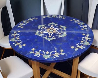 Lapis Lazuli Inlay Round Table Top | Pietra Dura Blue Marble Dining Table | Handmade Coffee Table Stone Art Decor | Floral Inlay Design