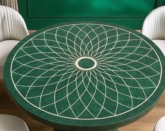 Piano del tavolo da pranzo rotondo in marmo verde, tavolo con intarsi in malachite, design geometrico Art Déco, tavolo in Pietra Dura fatto a mano, dimensioni personalizzate disponibili