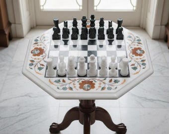 Handmade Octagon Marble Chess Board | Pietra Dura Floral Inlay | Luxury Stone Chess Set | Black & White Marble Decor Gift |