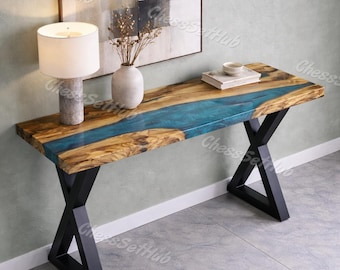 Handmade Turquoise Epoxy Resin River Table, Live Edge Walnut Console Table, Rustic Wood Sofa Table, Luxury Home Decor, Minimalist Furniture