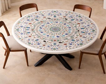 Squisito piano del tavolo in marmo Pietra Dura con intarsio di elefante e pavone, tavolino da caffè in marmo con decorazioni floreali realizzate a mano, mobile in stile Mughal con intarsi in pietra.