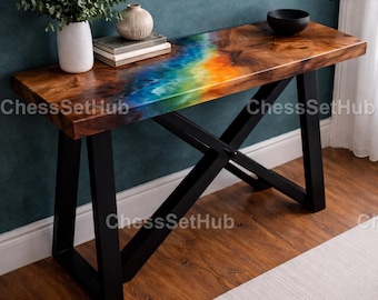 Rainbow Resin River Table Top – Live Edge Walnut Console Table – Multi Color Epoxy Entryway Table – Handmade Furniture Console Table