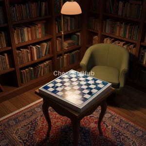 May include: A chess set on a small wooden table in a library setting. The chessboard has a blue and white checkered pattern. The room features bookshelves filled with books, a green armchair, and a patterned rug.