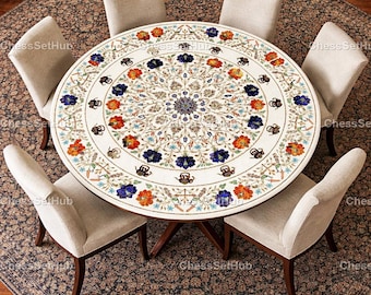 Piano del tavolo da pranzo con intarsi in marmo bianco – Tavolino rotondo in pietra dura – Design floreale con elefante, pavone e motivi floreali – Piano del tavolo di lusso realizzato a mano in stile Mughal