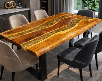 Mesa de río de resina epoxi con purpurina dorada – Mesa de comedor de madera maciza con borde natural – Muebles de arte de resina de lujo hechos a mano – Mesa moderna a medida