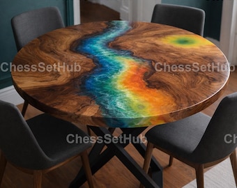 Round Rainbow River Table – Live Edge Walnut Dining Table with Multi Color Epoxy Resin – Handmade Luxury Statement Furniture table top