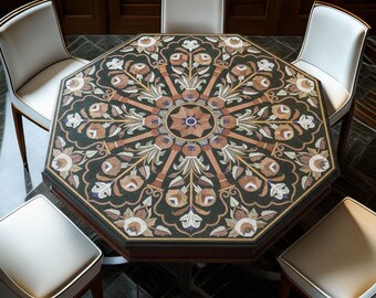 Mesa con incrustaciones de mármol negro / Escritorio artístico con piedras semipreciosas / Tablero geométrico de piedra dura / Decoración de lujo hecha a mano para el hogar / Mesa de centro con mosaico