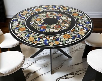 Tablero de mesa con incrustaciones de mármol Pietra Dura negro / Mesa de comedor redonda con mosaico floral / Arte en piedra semipreciosa / Decoración de lujo hecha a mano