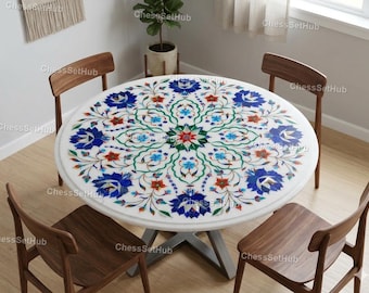Luxury Pietra Dura Marble Table Top – Floral Inlay Coffee Table – White Marble Dining Table top – Handmade Gemstone Art Decor table top