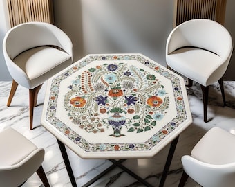 Octagonal White Marble Dining Table Top | Floral Pietra Dura Inlay | Handmade Gemstone Coffee Table | Taj Mahal Art Design Decor