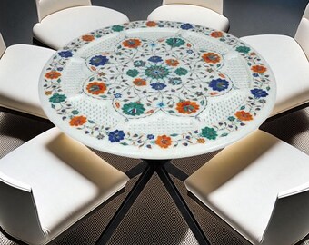 Round White Marble Inlay Dining Table Top | Taj Mahal Pietra Dura Art | Handmade Stone Mosaic Center Coffee Table Decor | Luxury Home Decor