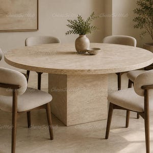 Luxury Travertine Dining Table Round | Minimalist Stone Pedestal Table | Modern Neutral Marble Dining Table | Handmade Stone Furniture