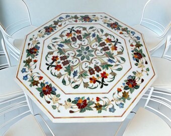 Tablero octogonal de mármol blanco Pietra Dura, mesa de comedor y de centro hecha a mano con incrustaciones florales mogoles, decoración de lujo para el hogar en mármol blanco / Arte de Agra