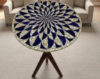 Piano del tavolo rotondo con intarsi geometrici blu navy – Tavolino decorativo con intarsi in osso e conchiglia fatto a mano – Tavolo con motivo a stella in stile moderno di metà secolo
