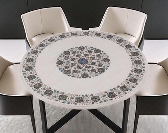 White Marble Inlay Dining Table Top | Handmade Pietra Dura Round Coffee Table | Semi Precious Stone Art | Luxury Home Decor Gift