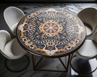 Luxury Black Marble Mosaic Dining Table Top | Handmade Pietra Dura Inlay | Italian Florentine Style | Custom Round Marble Table |