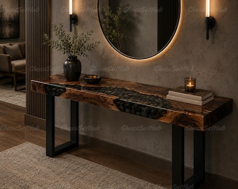 Live Edge Burl Wood Resin Console Table with River Stones – Luxury Epoxy River Entryway Table, Modern Hallway Credenza